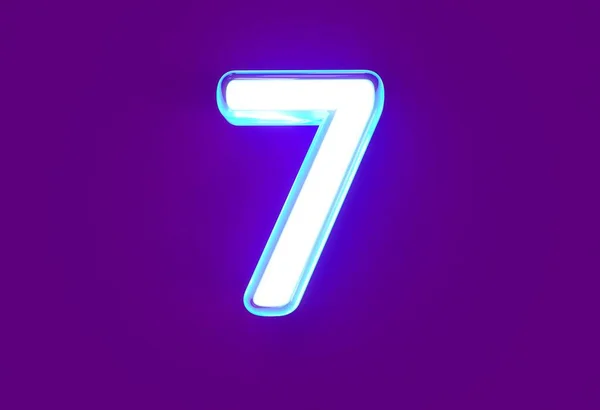 白色光滑的霓虹灯浅蓝色发光字母表 紫色背景上孤立的7号 符号的三维插图 — 图库照片