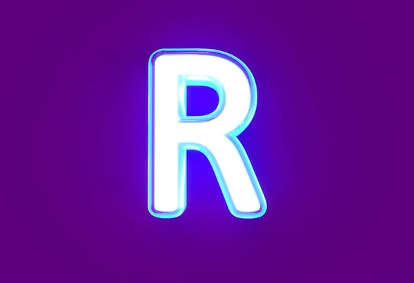 白色光泽的霓虹灯浅蓝色发光字体 字母R隔离在紫色背景上 符号的三维插图 — 图库照片