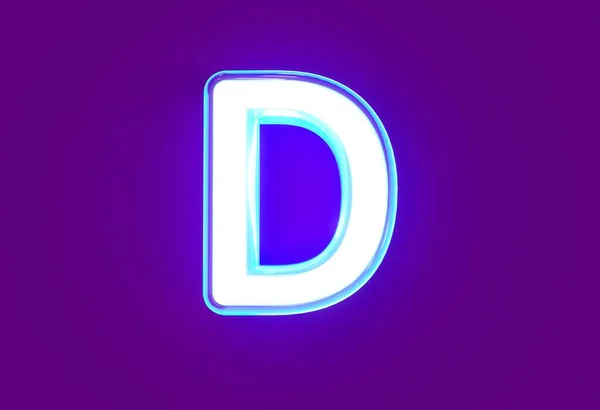 白色霓虹灯浅蓝色发光字体 字母D隔离在紫色背景 符号的3D插图 — 图库照片