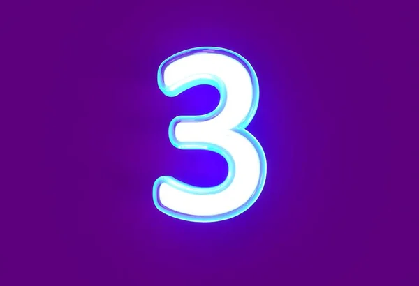 ホワイトポリッシュネオンライトブルーグローフォント 数3紫に単離され シンボルの3Dイラスト — ストック写真