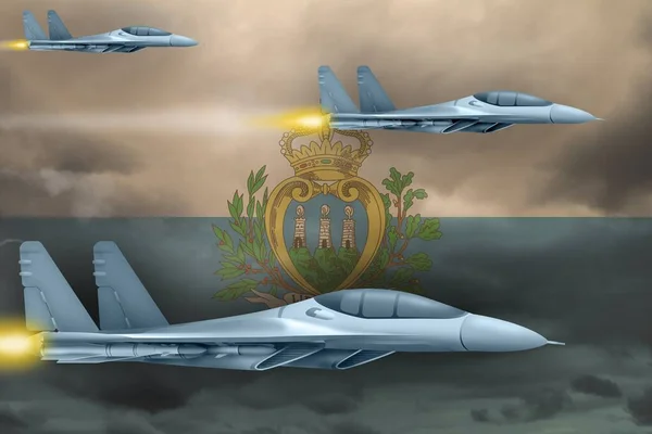 Koncepcja Nalotu San Marino Nowoczesne Samoloty Wojenne Atakują Tle Flagi — Zdjęcie stockowe