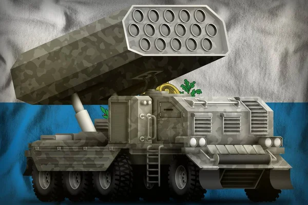 Rocket Artillery Missile Launcher Grey Camouflage San Marino Flag Background — Stock Photo, Image