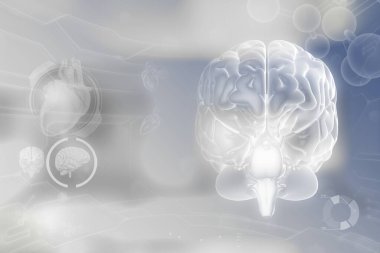 İnsan beyni, beyin analizi konsepti. Detaylı elektronik doku, tıbbi üç boyutlu illüstrasyon.
