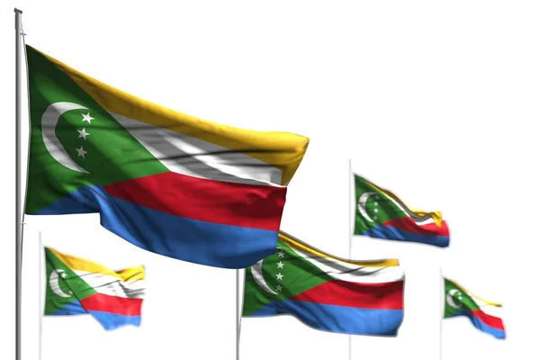 Чудесні Ять Прапорів Коморських Островів Ізольовані Білому Фоні Боке Будь — стокове фото