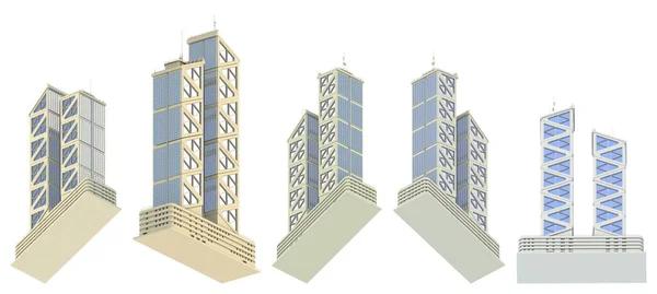Dolny Widok Renderuje Fikcyjnego Projektu Budynków Miejskich Dwoma Wieżami Odbiciami — Zdjęcie stockowe
