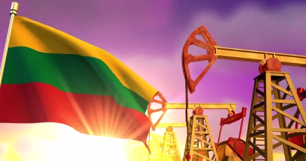 Lithuania Flag Waving Background Oil Wells Pumping Oil Sunset Oil — Stock Video