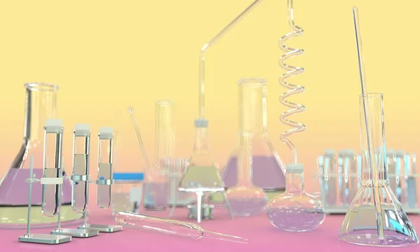 Ilustracja Obiektów Probówki Laboratoryjne Różnymi Naczyniami Medycznymi Wodą Żółtym Różowym — Zdjęcie stockowe