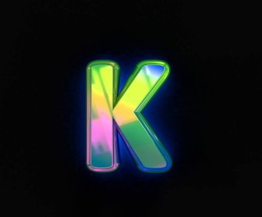 Renkli dikroik yazı tipi - Gri arkaplan üzerinde izole K harfi, sembollerin 3 boyutlu illüstrasyonu