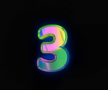 Renkli dikroik yazı tipi - gri üzerine izole edilmiş 3 numara, sembollerin 3 boyutlu çizimi