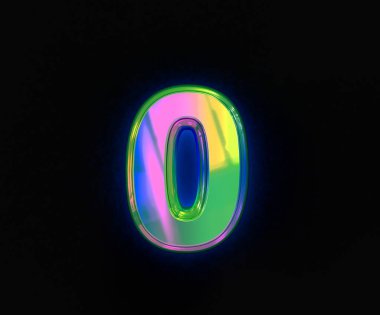 Renkli dikroik alfabe - Gri arkaplanda 0 numara, sembollerin 3 boyutlu çizimi