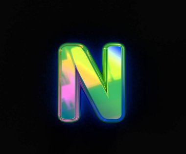 Renkli dikroik alfabe - N harfi gri arkaplanda izole edilmiş, sembollerin 3 boyutlu çizimi