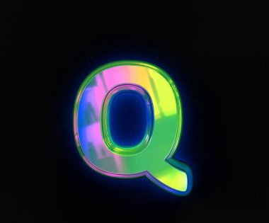 Renkli dikroik yazı tipi - Gri arkaplanda izole Q harfi, sembollerin 3 boyutlu çizimi