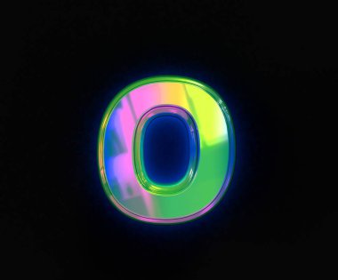 Renkli dikroik alfabe - harf O gri üzerinde izole, sembollerin üç boyutlu illüstrasyonu