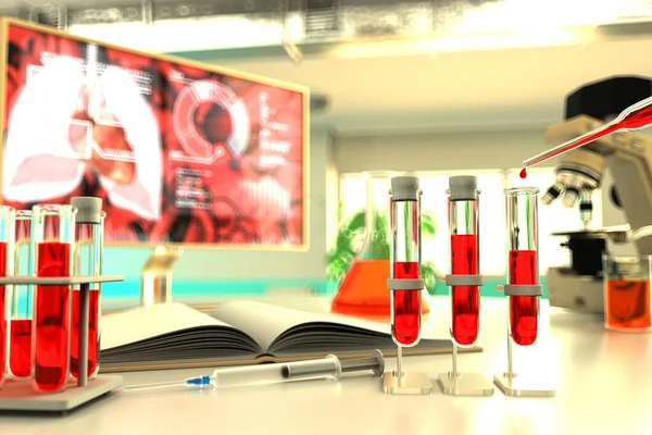 Laboratóriumi Kémcsövek Biotechnológiai Főiskolai Létesítmény Vérvizsgálat Vírus Coronavirus Orvosi Illusztráció — Stock Fotó