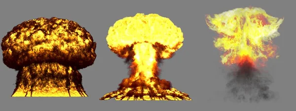 3个大型 非常详细的 不同阶段的蘑菇云爆炸氢弹 烟雾和火焰在灰色 三维爆炸图解中隔离 — 图库照片