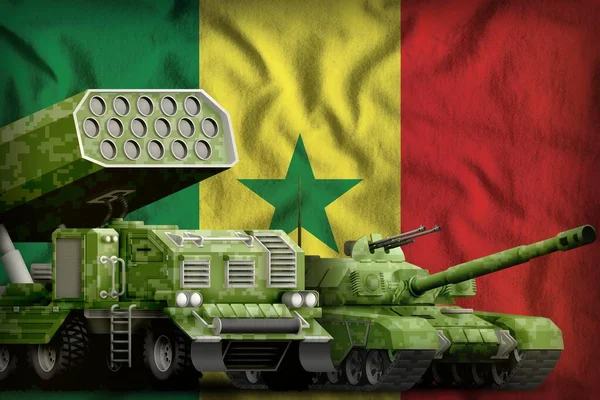 tank and rocket launcher with summer pixel camouflage on the Senegal flag background. Senegal heavy military armored vehicles concept. 3d Illustration