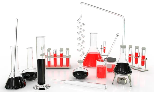 Illusztráció Tárgyak Laboratóriumi Bizonyítékok Különböző Kémiai Üvegáruk Piros Fekete Folyadékok — Stock Fotó