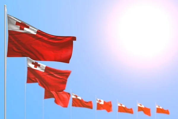 Maravillosas Muchas Banderas Tonga Colocadas Diagonal Con Enfoque Selectivo Espacio —  Fotos de Stock