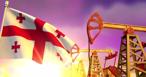 Bandera Georgia Ondeando Sobre Fondo Pozos Petroleros Bombeando Petróleo Atardecer — Vídeo de stock