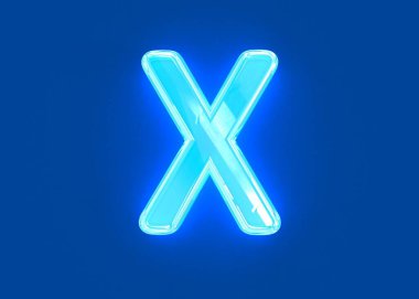 Mavi parlak ışık camı yazı tipini netleştirdi - X harfi koyu mavi üzerinde izole edilmiş, sembollerin 3 boyutlu çizimi