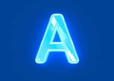 Mavi parlak neon ışıklı kristal alfabe - harf koyu mavi arkaplanda izole edilmiş, sembollerin 3 boyutlu çizimi