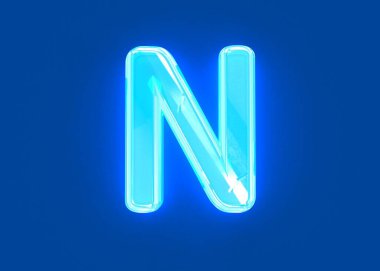 Mavi parlak neon ışıklı kristal yazı tipi - N harfi koyu mavi üzerinde izole edilmiş, sembollerin 3 boyutlu çizimi