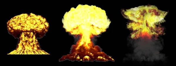 聚变炸弹3个非常详细的不同相蘑菇云雾爆炸与烟雾和火焰隔离的黑色三维爆炸图解 — 图库照片