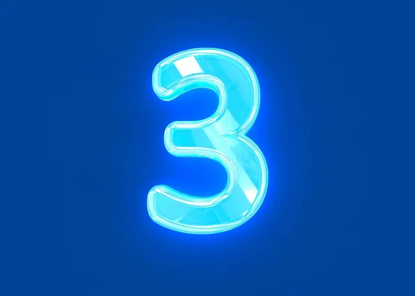 ブルー光沢のあるネオンライト反射透明アルファベット 数3ダークブルーに隔離され シンボルの3Dイラスト — ストック写真