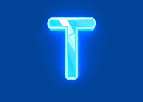 蓝色发亮的霓虹灯反射清晰的字体字母T隔离在深蓝色背景 符号的三维插图 — 图库照片