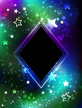 Rhombus, parlayan Kuzey ışıkları yıldız ile bir arka plan üzerinde siyah bir afiş. Kuzey ışıkları