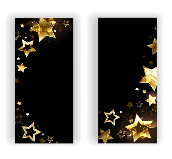 Two Banners Small Shiny Gold Stars Black Background Design Gold — Stock Vector