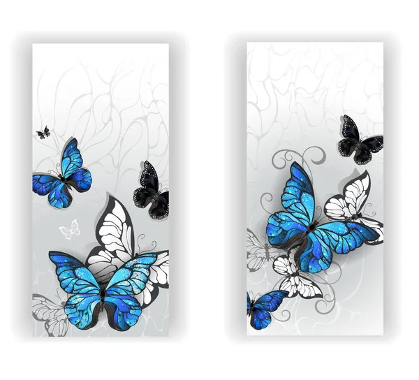 Dos Pancartas Con Mariposas Azules Morfo Mariposas Negras Sobre Fondo — Archivo Imágenes Vectoriales