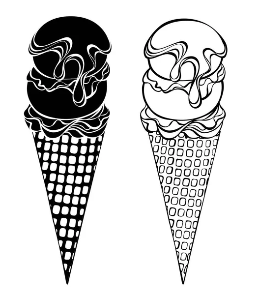 Dos Contornos Helado Estilizado Con Cuerno Gofre Dos Bolas Rociadas — Vector de stock