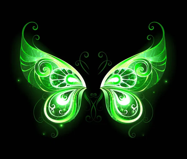 Gemusterte Grüne Glühende Feenflügel Auf Schwarzem Hintergrund Magisches Symbol Feenflügel — Stockvektor