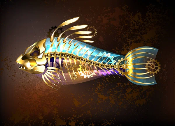 ปลาทองโบราณท โครงกระด กและเก บนพ นหล าตาล สไตล Steampunk — ภาพเวกเตอร์สต็อก