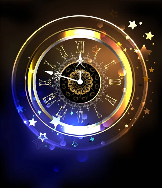 Horloge Antique Lumineuse Sur Fond Jaune Bleu Cosmique Avec Étoiles — Image vectorielle