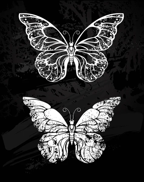 Tiza Blanca Pintada Sobre Pizarra Negra Silueta Mariposa Morfida Diseño — Vector de stock
