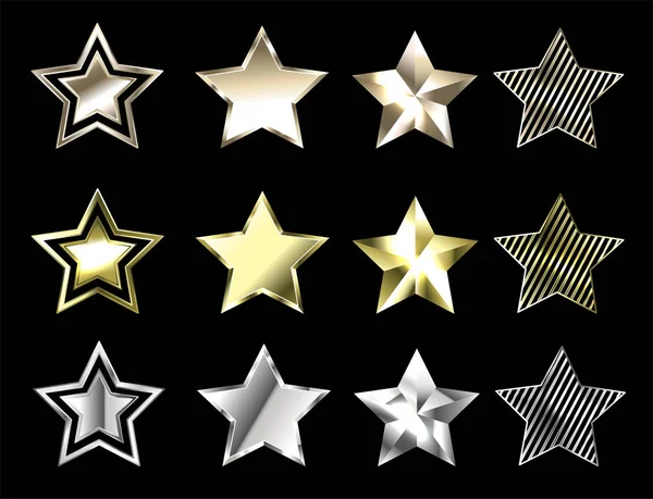 Set Stars Made Platinum White Gold Yellow Gold Black Background — Stock Vector