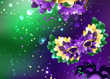 Pofuduk maskelerle süslenmiş parlak mor ve yeşil bir arkaplan. Festival Mardi Gras
