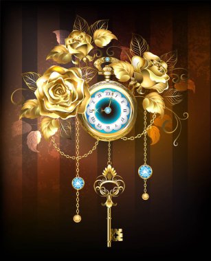 Altın, altın işlemeli antika saat, kahverengi çizgili arka planda mücevher gülleri. Steampunk tarzı. Altın Gül