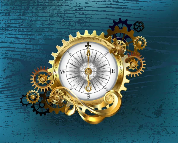 Antique Compass Gold Brass Gears Turquoise Wooden Background — Stock Vector