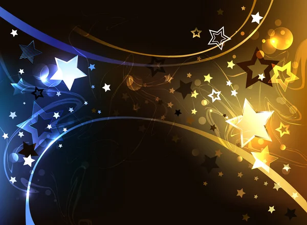 Fondo Negro Abstracto Con Cálidas Estrellas Azules Doradas Frías — Vector de stock