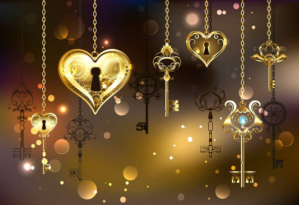 Золотое, механическое сердце с отверстием для ключей на светло-коричневом фоне, рядом со старинными золотыми ключами
.