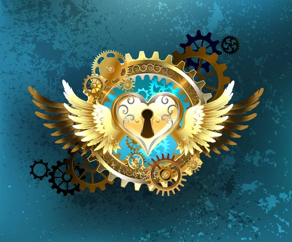 Mechanical Heart Castle Adorned Golden Wings Gold Brass Gears Turquoise — Stock Vector