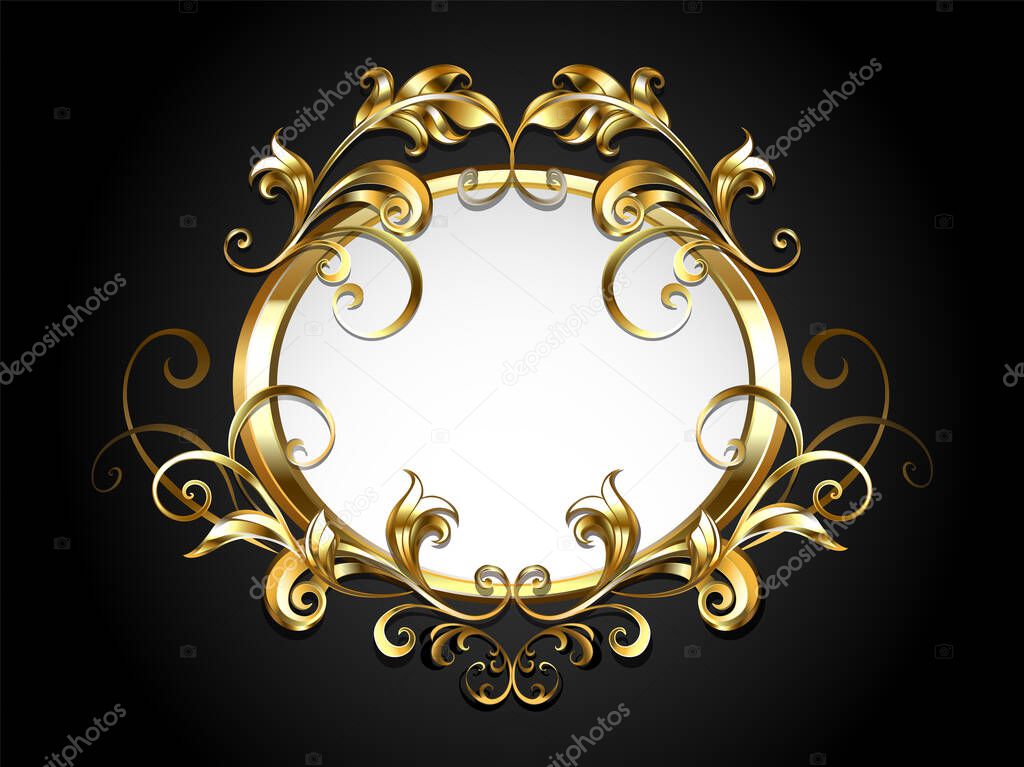 Golden oval banner, decorated with antique, volumetric,  patterned gold frame scroll on black background.