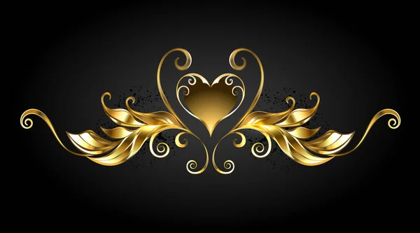 Gold Jewelry Shiny Frame Scroll Heart Symbol Black Background — Stock Vector