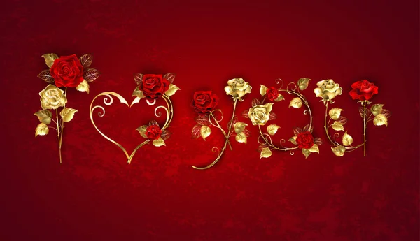 Declaração Criativa Amor Jóias Ouro Rosas Vermelhas Com Hastes Retas —  Vetores de Stock