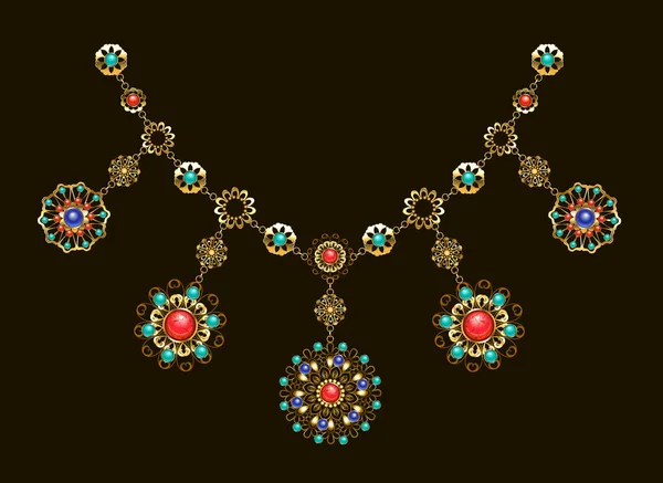 Collar Oro Étnico Con Piedras Semipreciosas Cornalina Turquesa Lapislázuli Gemas — Archivo Imágenes Vectoriales