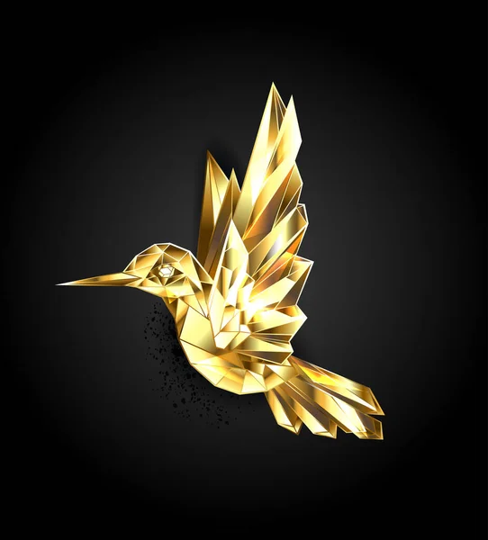 Golden Polygonal Glänsande Kolibri Svart Bakgrund Guldfågel — Stock vektor