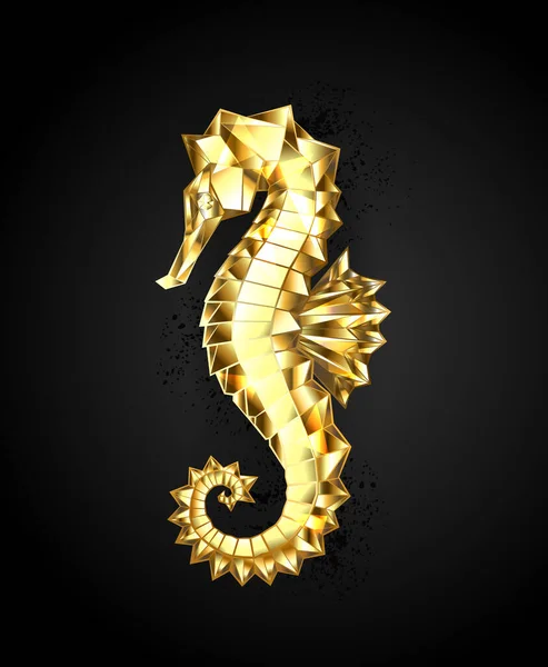 Artistic Polygonal Seahorse Sparkling Gold Foil Black Background — Stock Vector